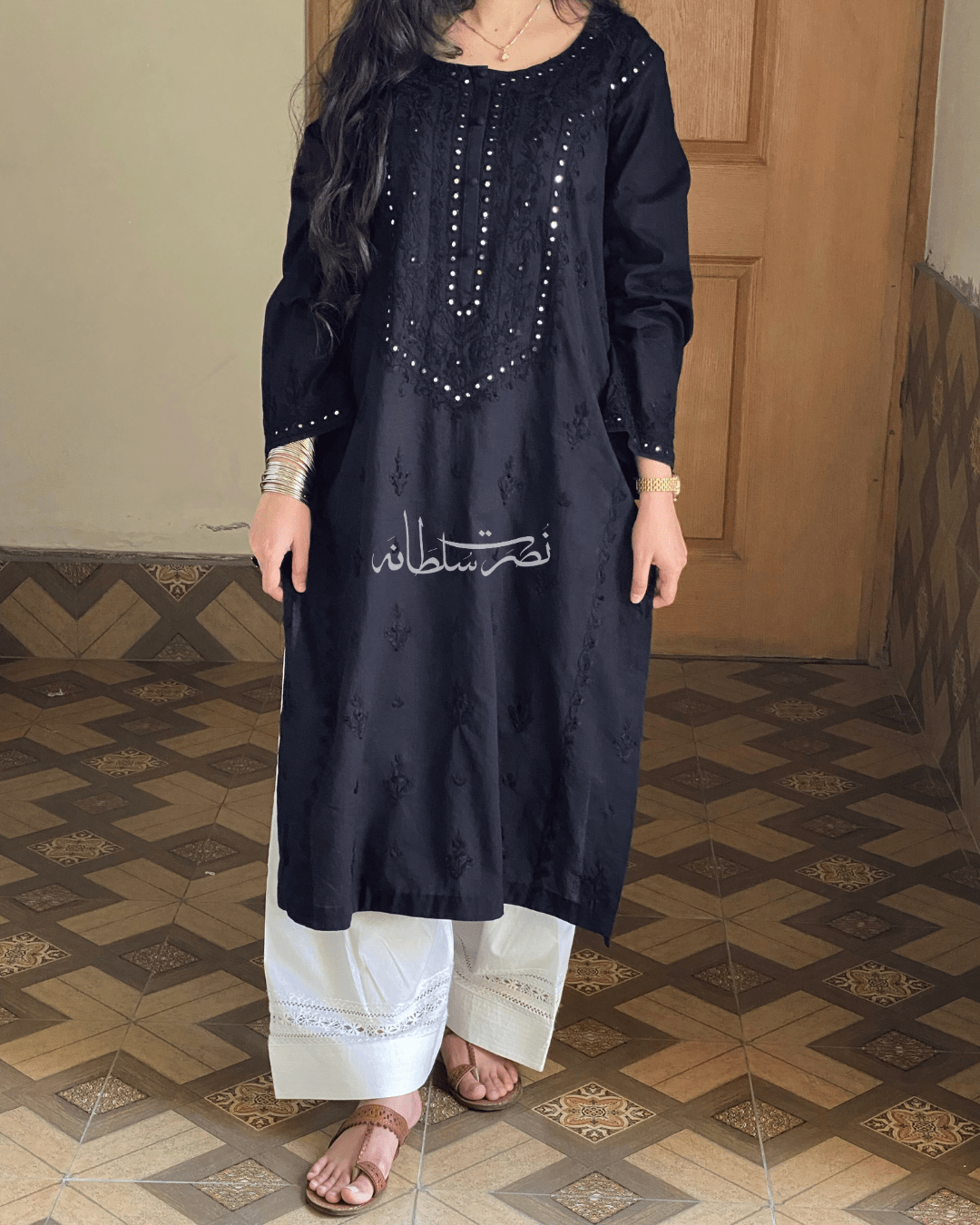 Classic Black Hand Embroidered Mirror Work Kurta