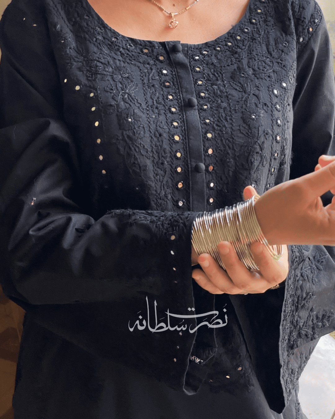 Classic Black Hand Embroidered Mirror Work Kurta
