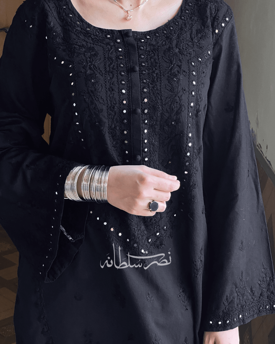 Classic Black Hand Embroidered Mirror Work Kurta