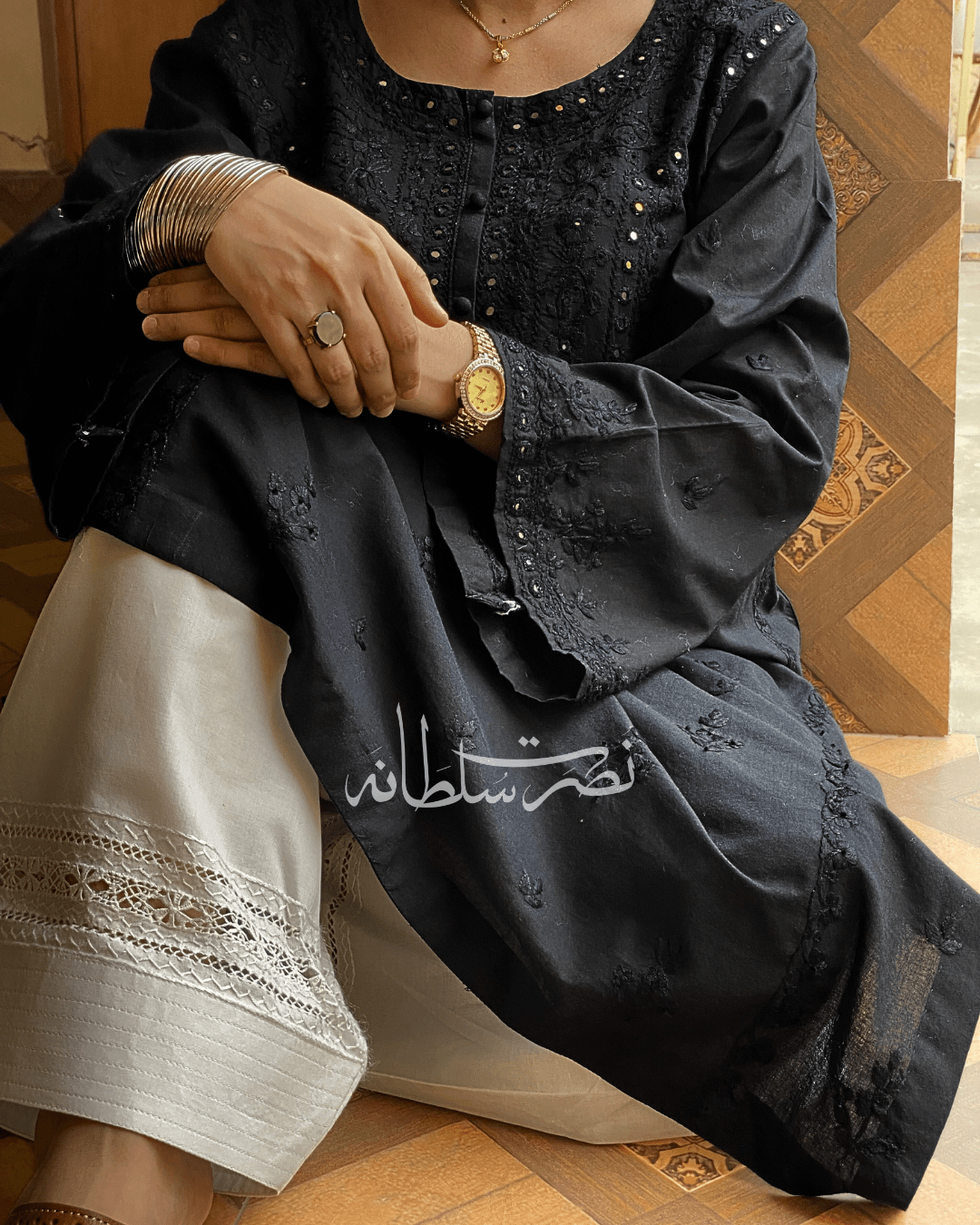 Classic Black Hand Embroidered Mirror Work Kurta