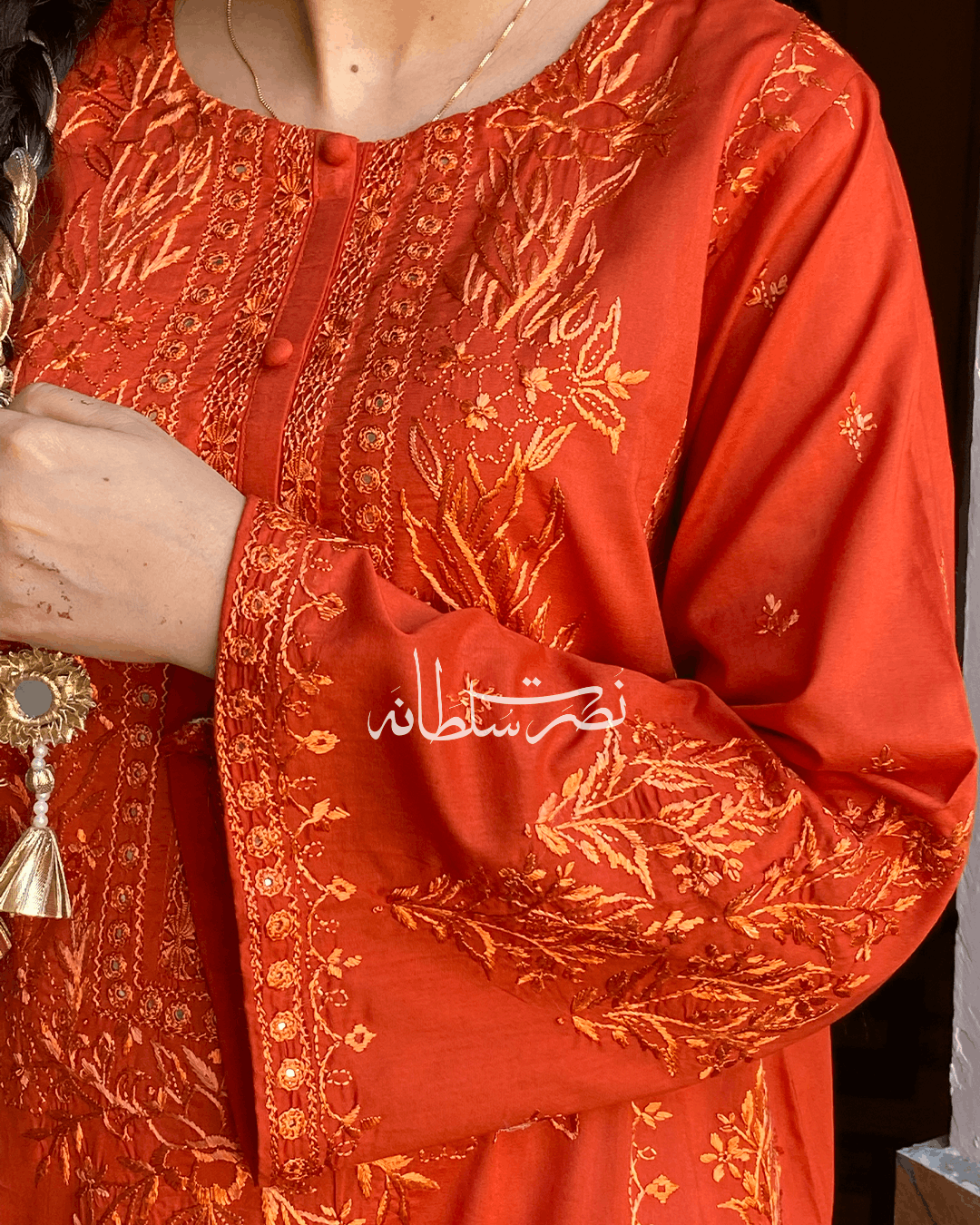 Burnt Rust Orange Tarkashi and Hand Embroidered Kurta - Premium Lawn