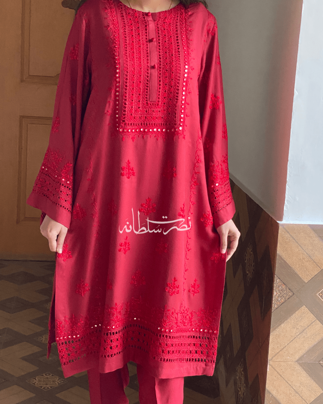 Wine Red - Hand-Embroidered, Tarkashi and Mirror Work Kurta
