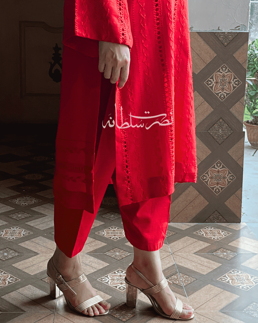 Hot Red - Purely Handmade Tarkashi Kurta - Irish Linen