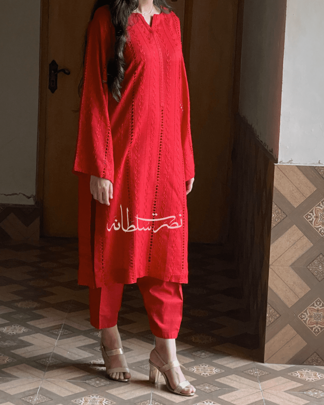 Hot Red - Purely Handmade Tarkashi Kurta - Irish Linen