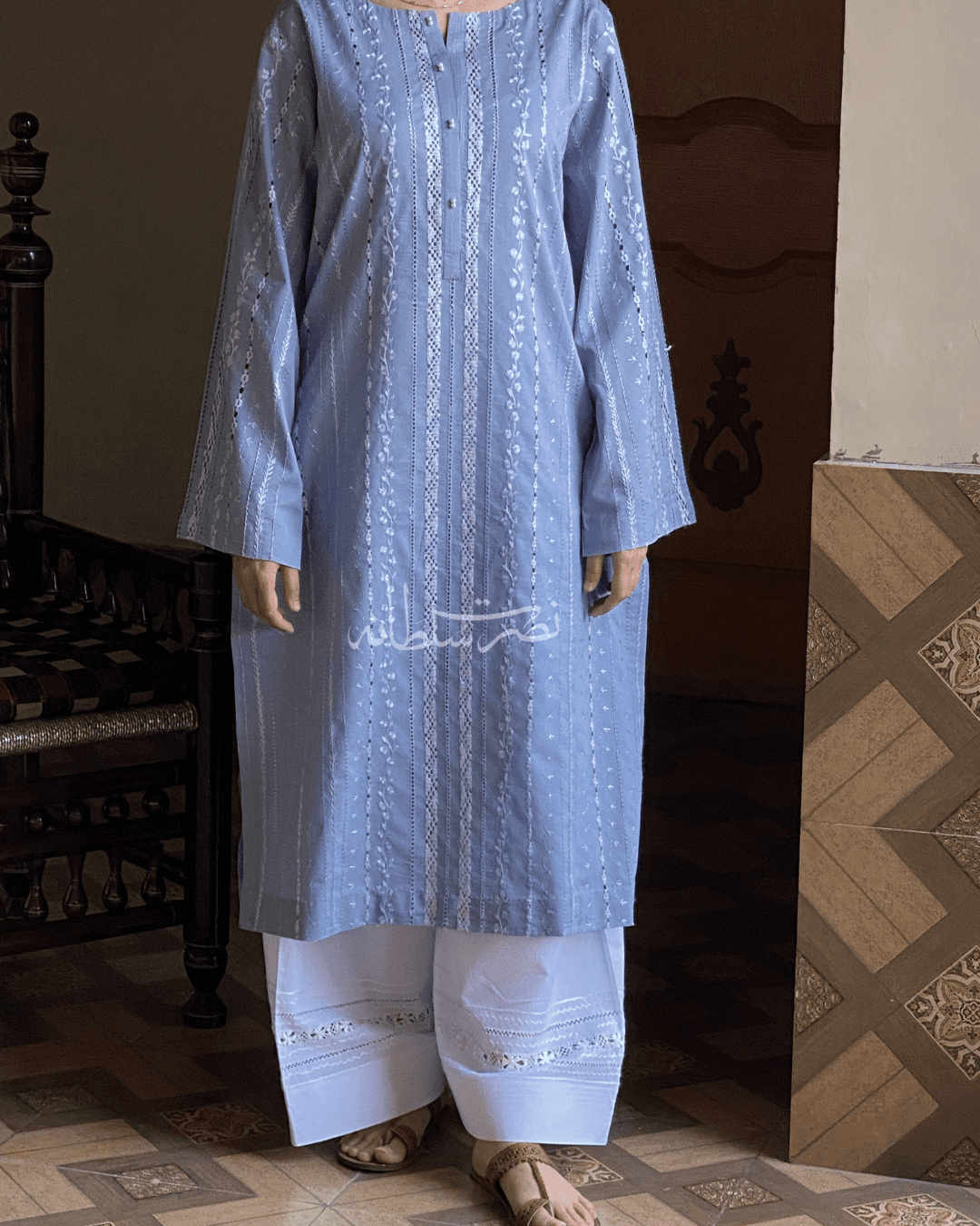 Classical Bluish Grey Tarkashi and Hand Embroidered Kurta