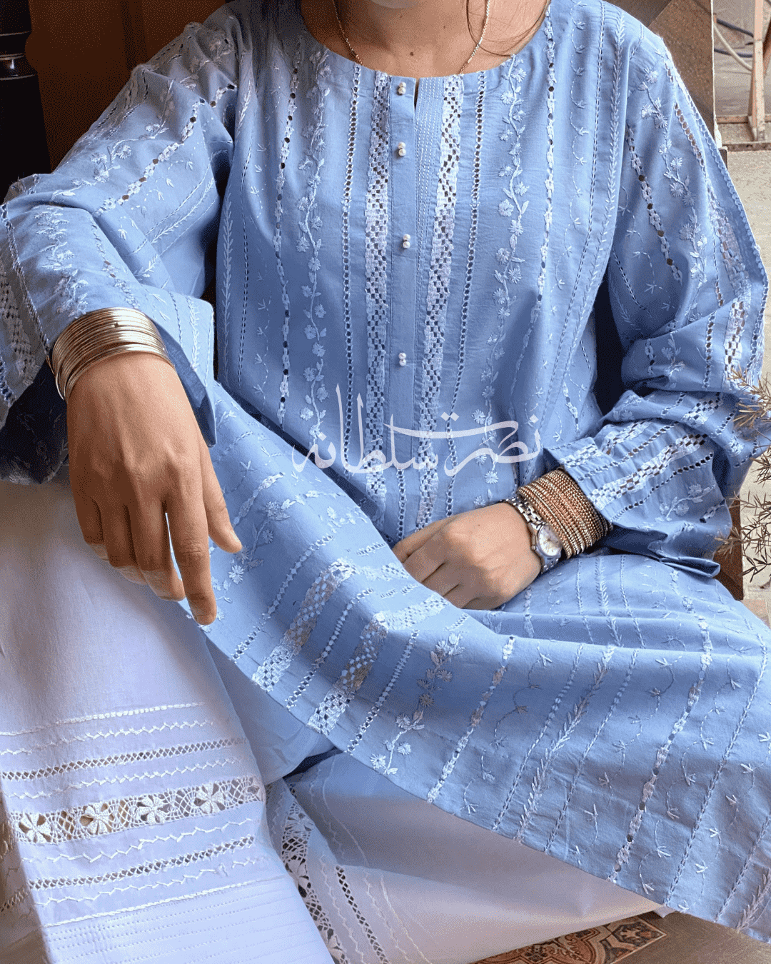 Classical Bluish Grey Tarkashi and Hand Embroidered Kurta