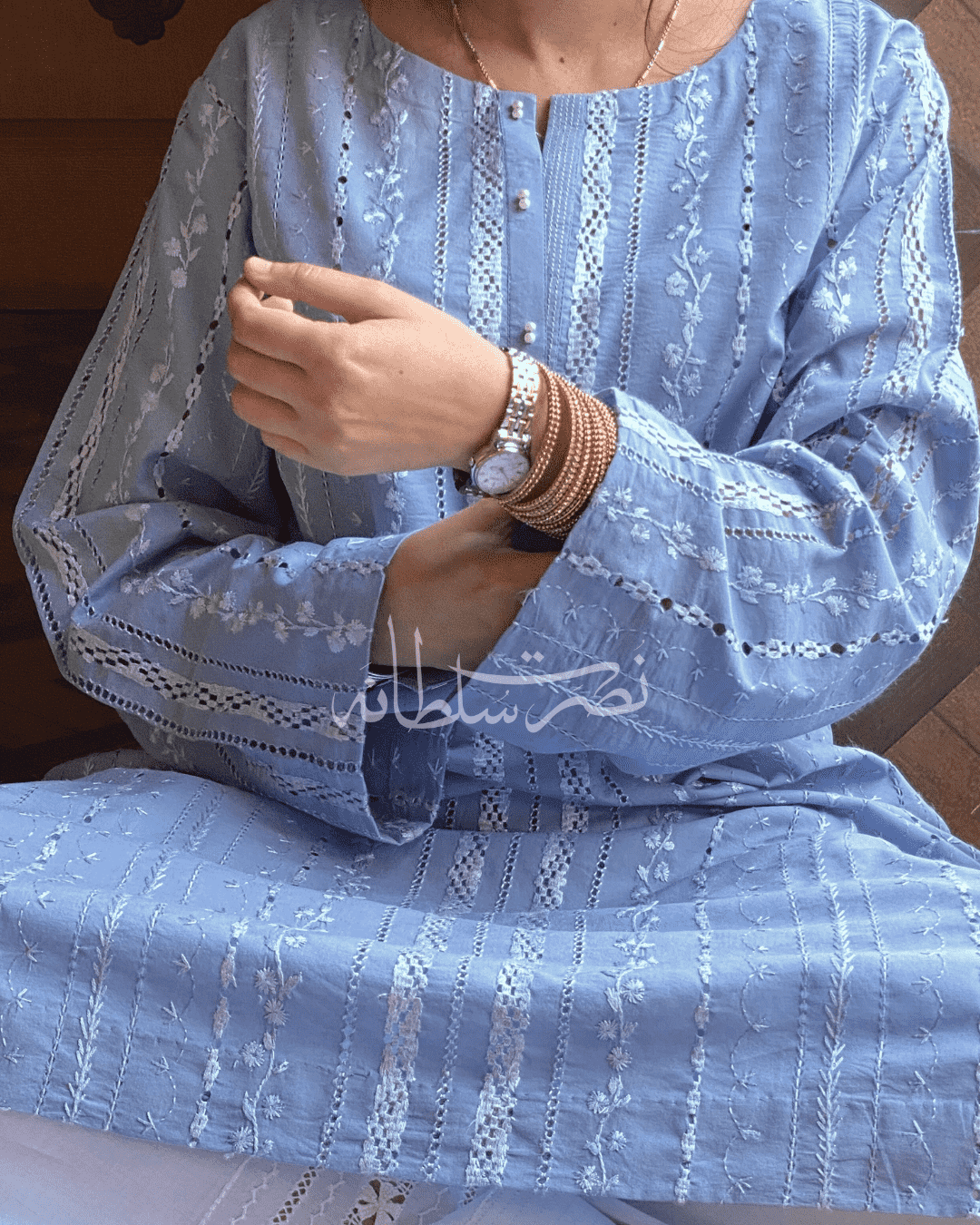 Classical Bluish Grey Tarkashi and Hand Embroidered Kurta