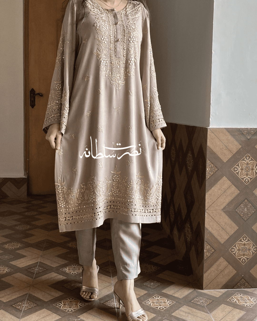 Warm Grey - Hand Embroidered, Tarkashi, Mirror and Tukri Work Kurta - Irish Linen