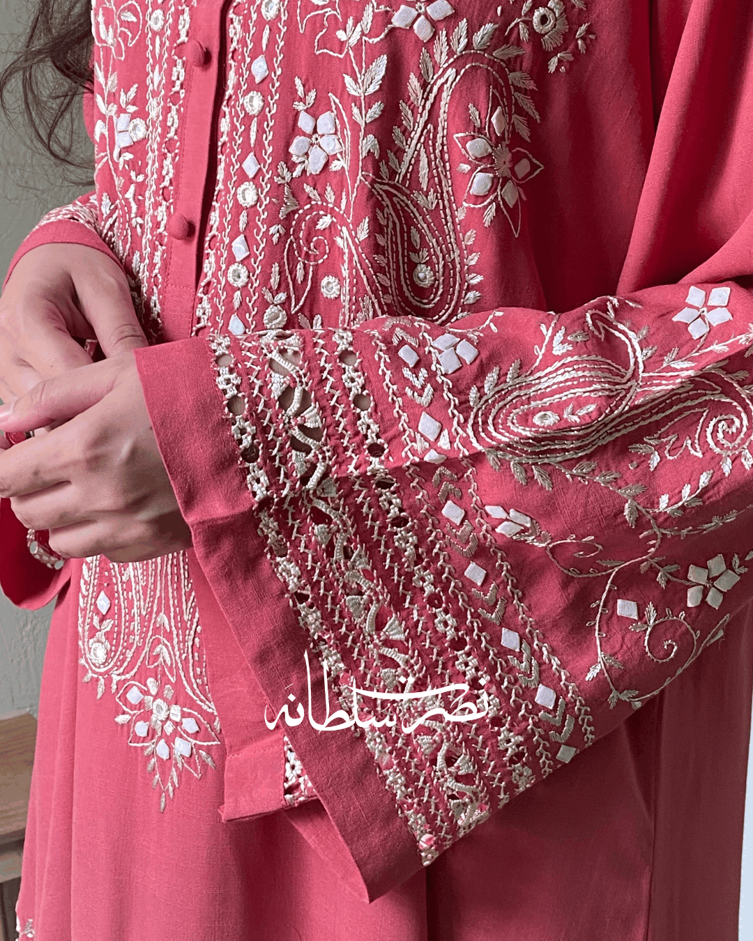 Dusty Coral Irish Linen Kurta - Handcrafted Tarkashi, Tukri & Mirror Work