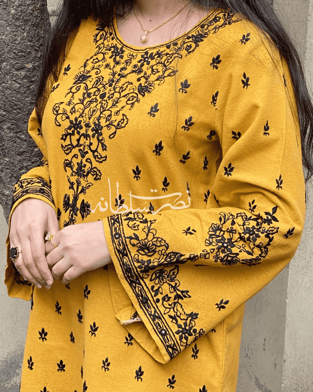 Hand Embroidered Shirt Soft Khaddar - Mustard Shade - Pret