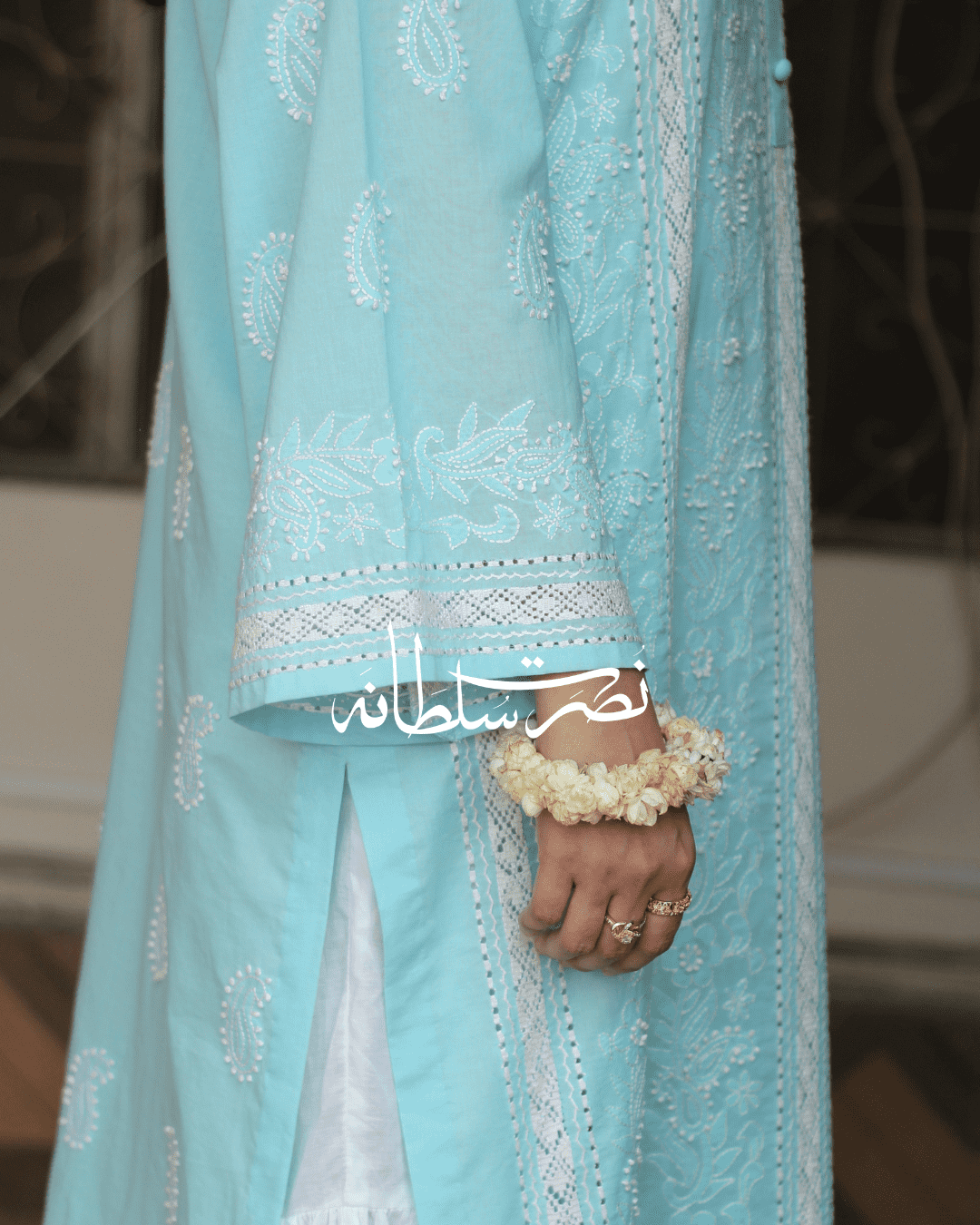 Turquoise Handcrafted Tarkashi & Chikankari shirt work - Pret
