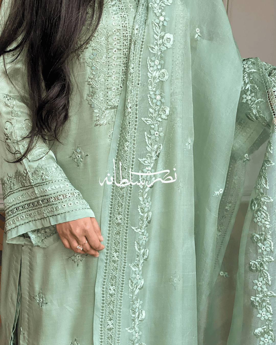 Premium Silk Hand Embroidered Two Piece - Sage Green