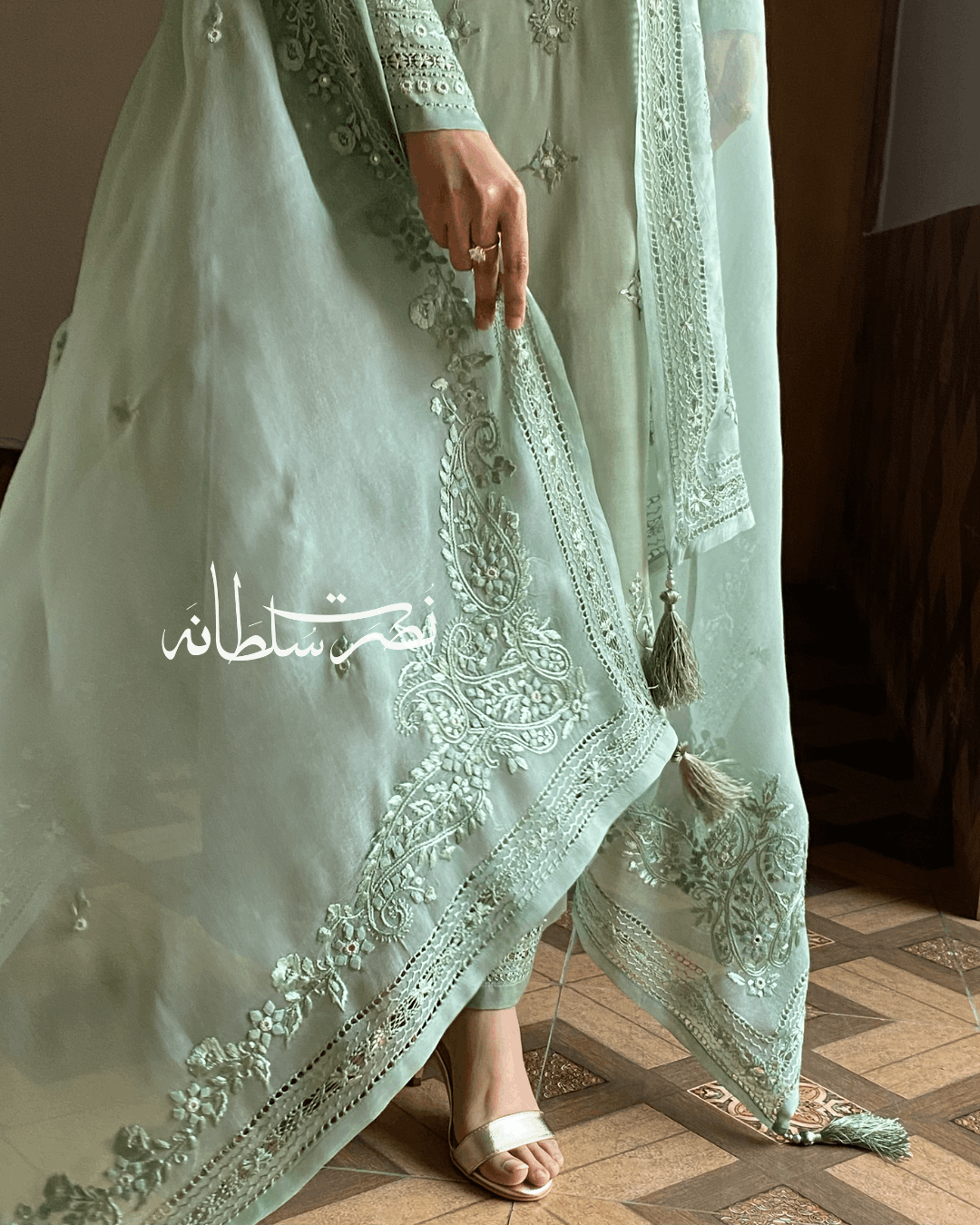 Pure Organza Hand Embroidery and Tarkashi Dupatta - Sage Green Shade