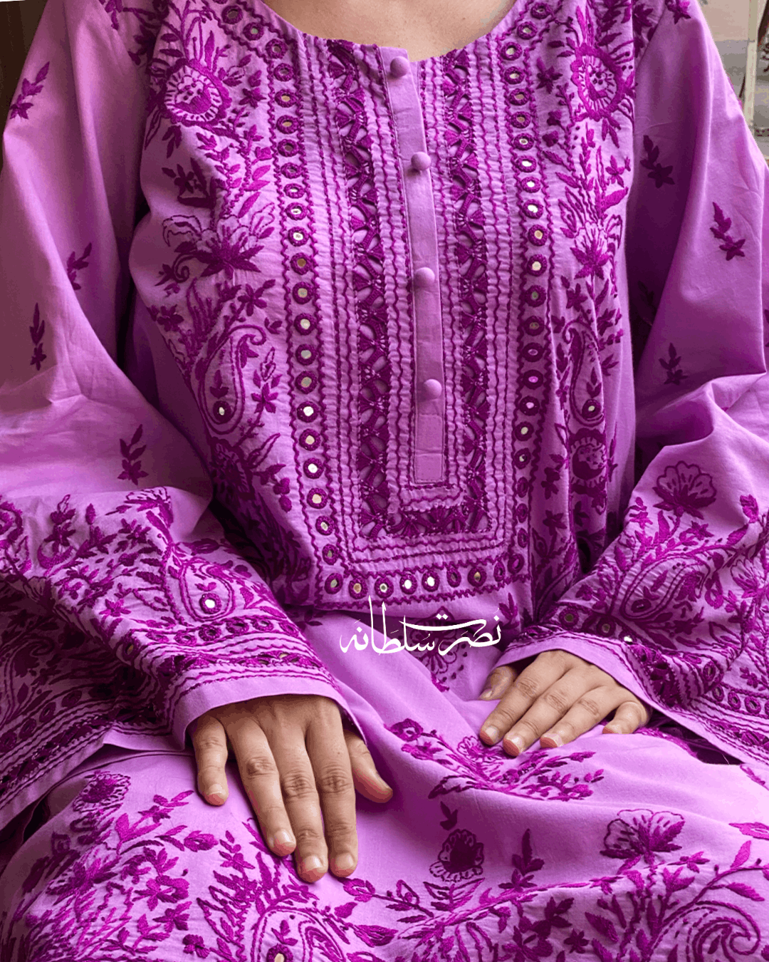 Traditional Handcrafted Pure Lawn Kurta - Lilac Shade