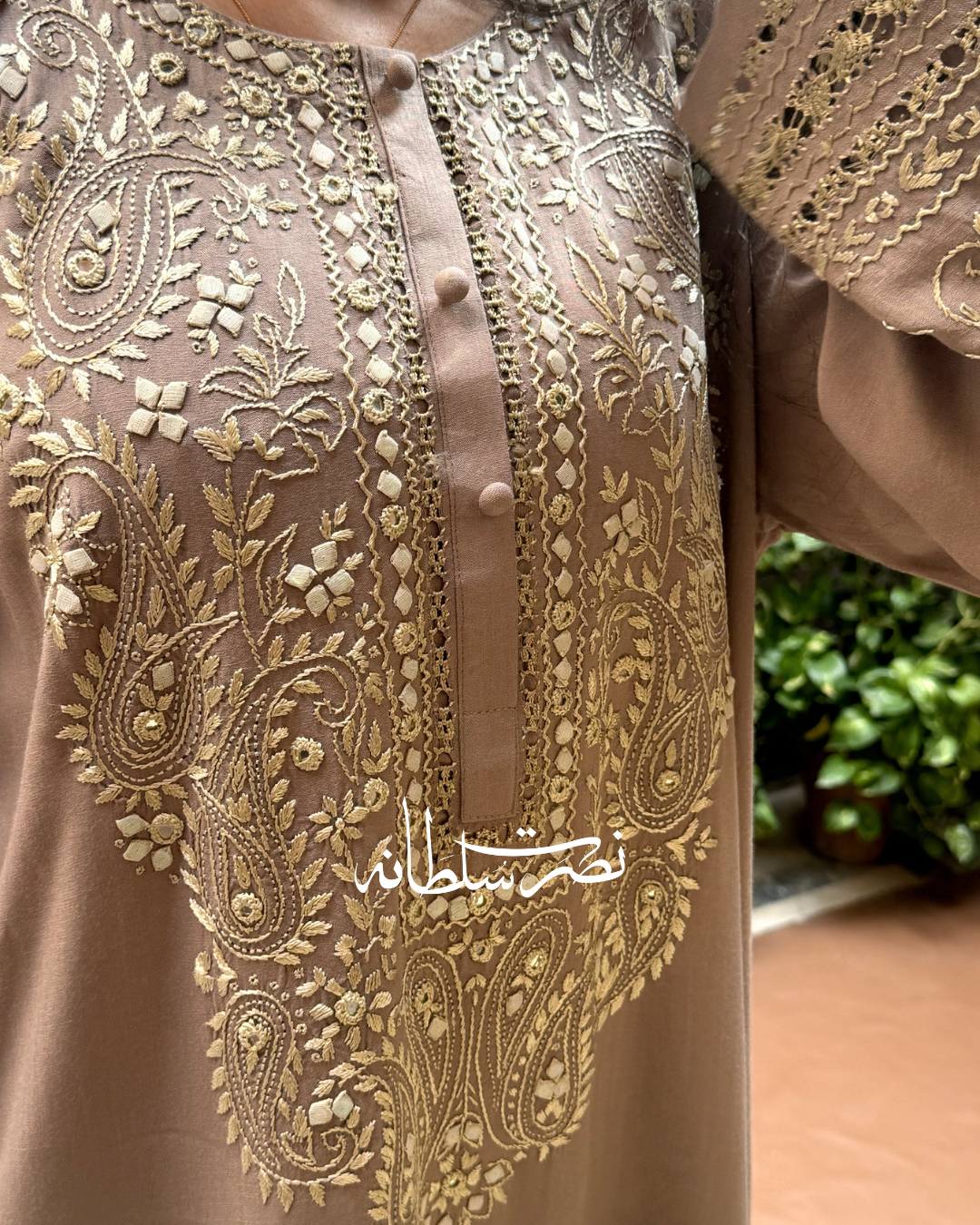 Warm Grey Irish Linen Kurta - Handcrafted Tarkashi, Tukri & Mirror Work