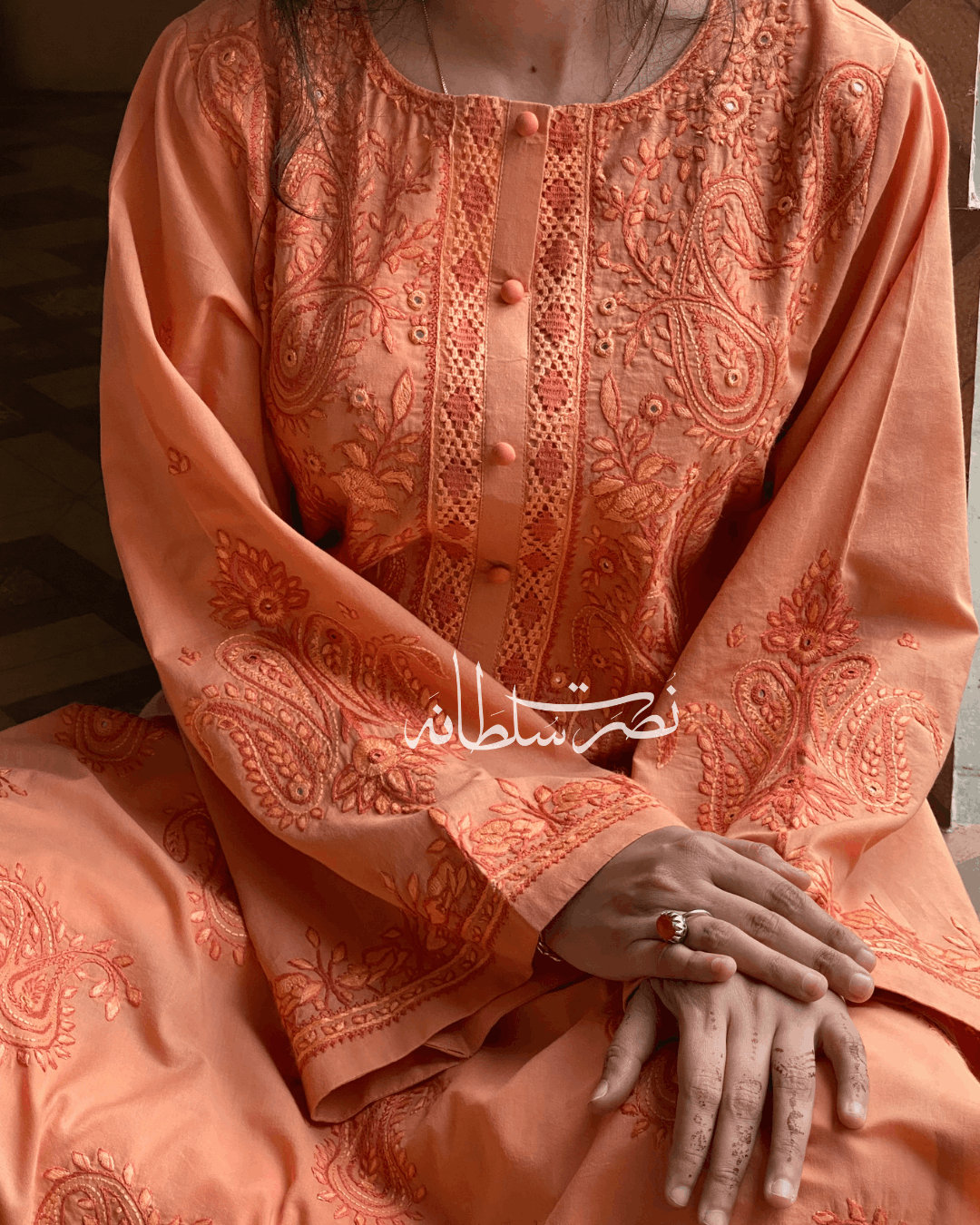 Peachy Coral Hand Embroidery and Tarkashi Kurta - Summer Lawn
