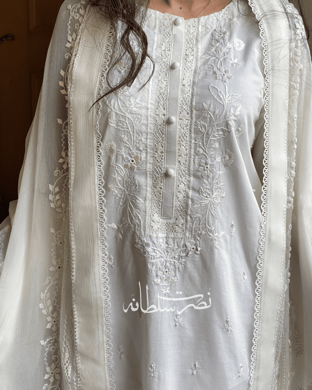 Classic Pearl White Handcrafted Tarkashi, Tukri and Mirror Work Shirt