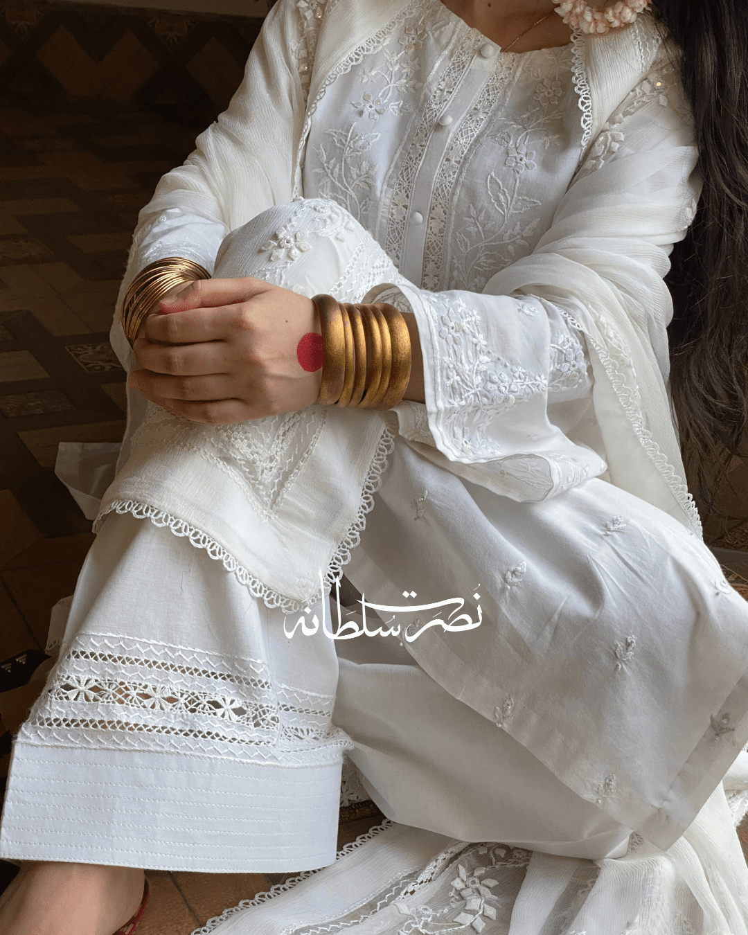 Classic Pearl White Handcrafted Tarkashi, Tukri and Mirror Work Shirt
