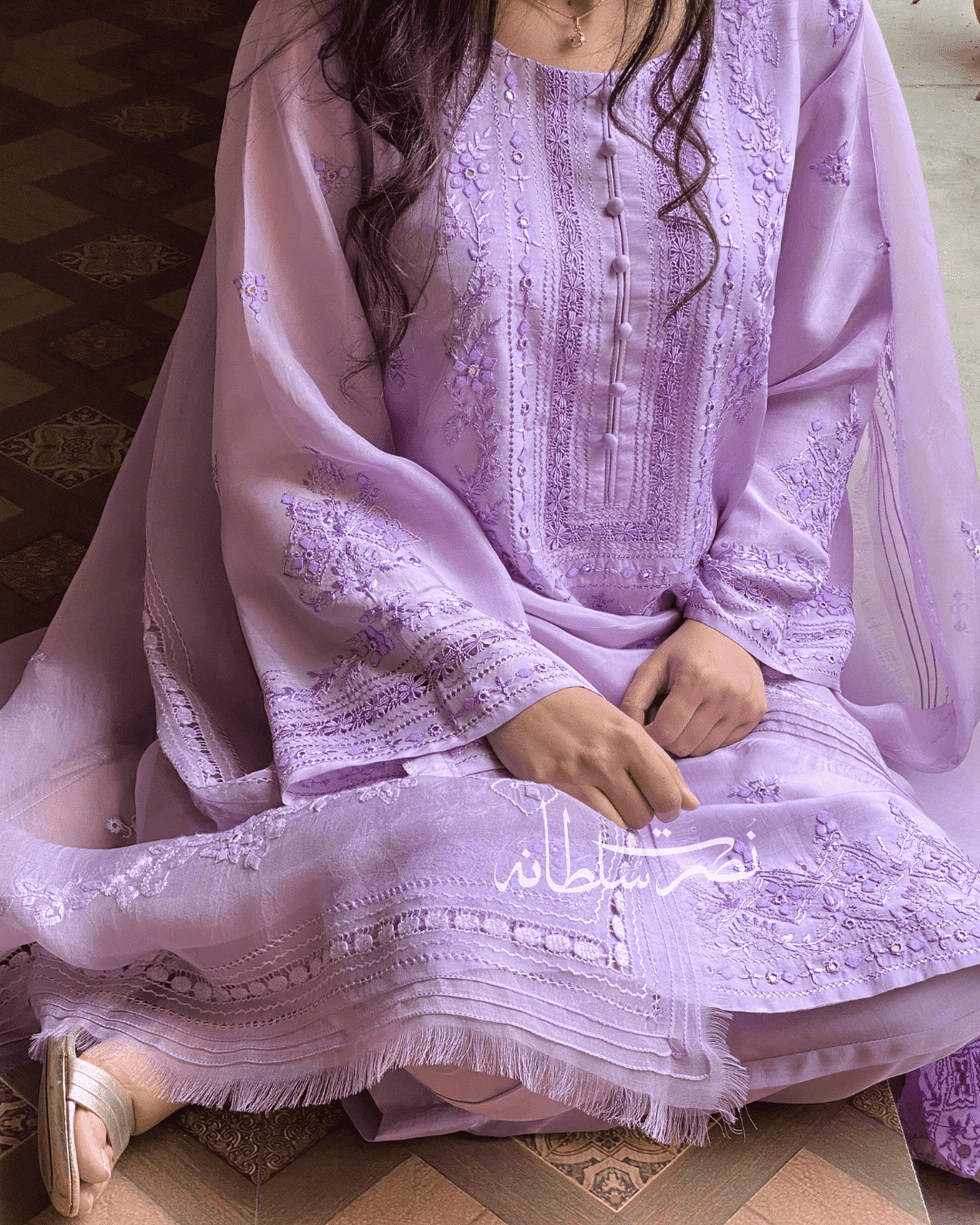 Premium Silk Hand Embroidered Lilac Shade Two Piece - Pret