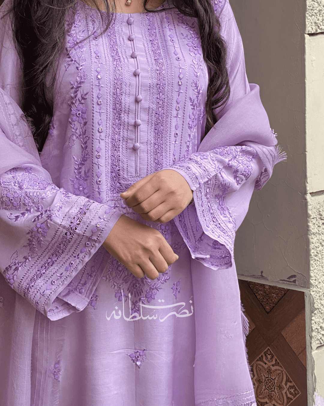 Premium Silk Hand Embroidered Lilac Shade Two Piece - Pret