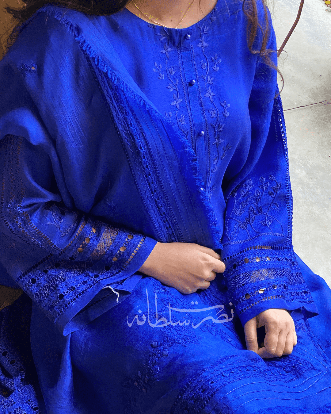Pure Raw Silk - Royal Blue Tarkashi and Hand Embroidery - Two Piece