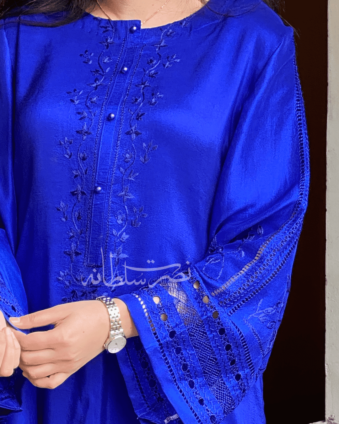 Pure Raw Silk - Royal Blue Tarkashi and Hand Embroidery - Two Piece