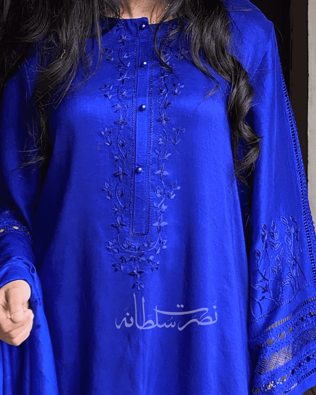 Pure Raw Silk - Royal Blue Tarkashi and Hand Embroidery - Two Piece