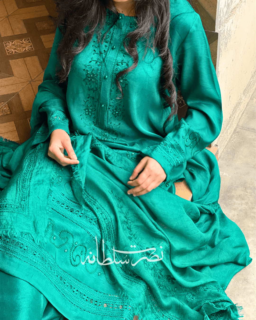 Pure Raw Silk - Emerald Green Tarkashi and Hand Embroidery - Two Piece