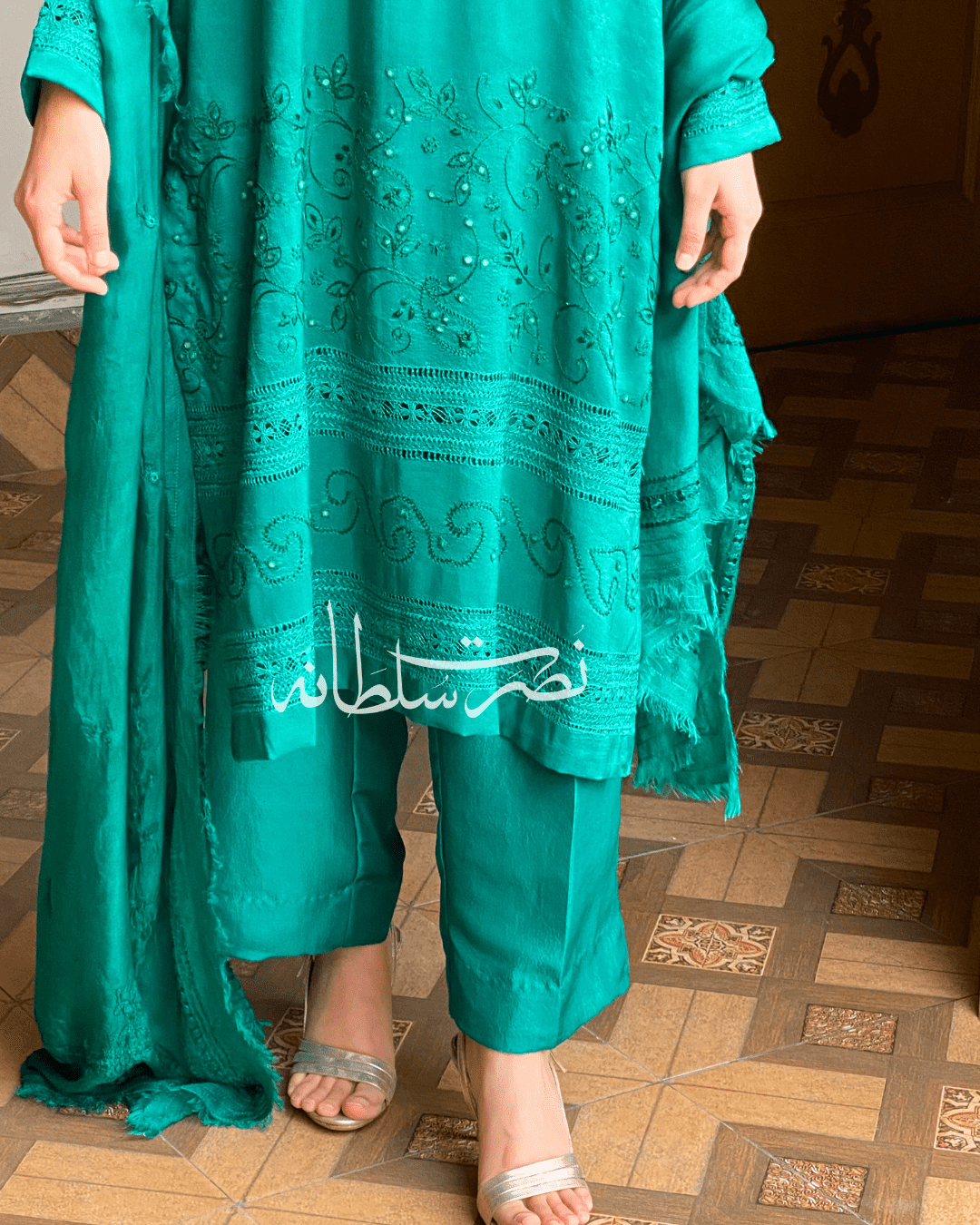 Pure Raw Silk - Emerald Green Tarkashi and Hand Embroidery - Two Piece