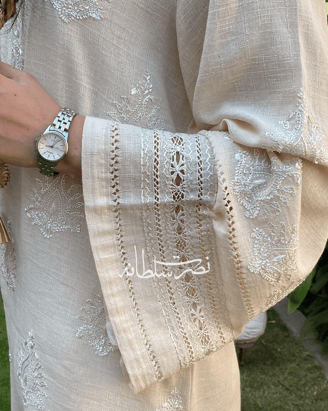 Handmade Soft Cream Irish Lawn Tarkashi Work Kurta - Premium Summer Lawn