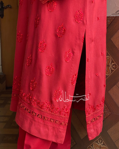 Crimson Red - Hand Embroidery and Tarkashi Kurta - Marina
