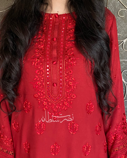Crimson Red - Hand Embroidery and Tarkashi Kurta - Marina