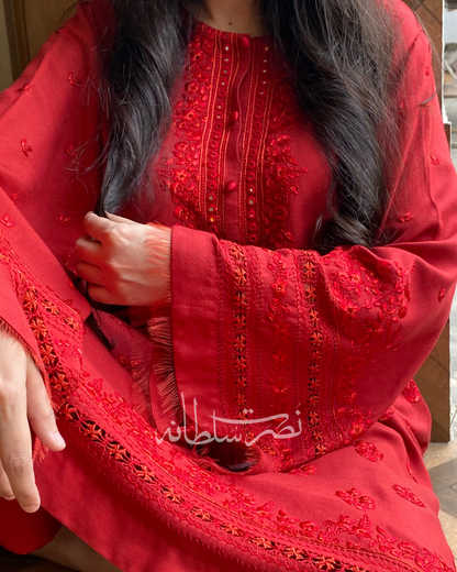 Crimson Red - Hand Embroidery and Tarkashi Kurta - Marina