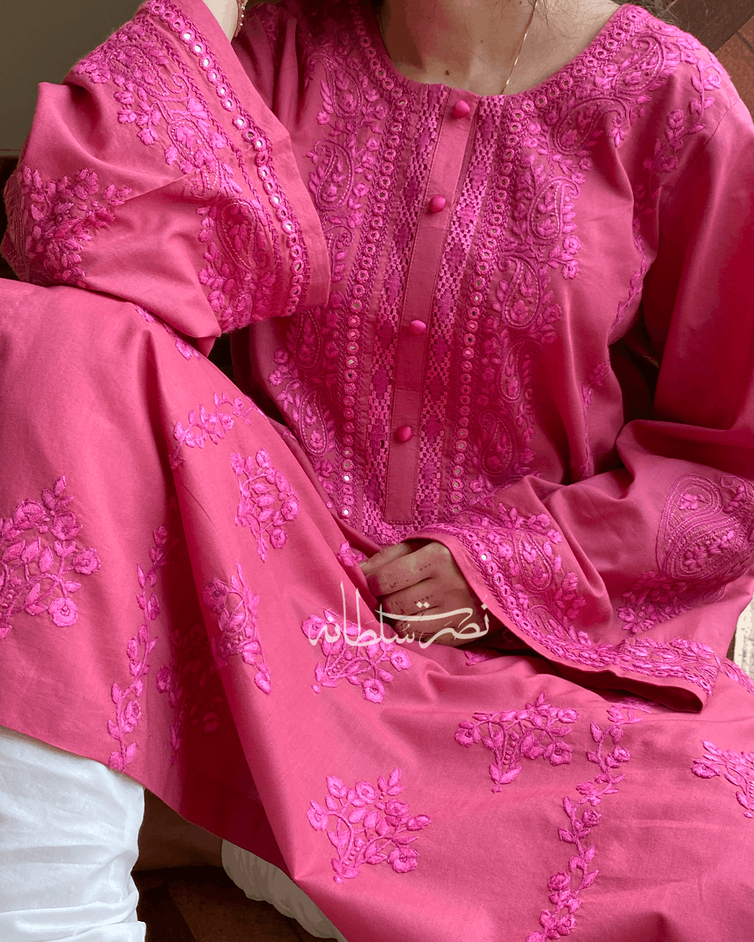 Rose Pink Hand Embroidery and Tarkashi Kurta - Summer Lawn