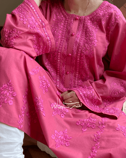 Rose Pink Hand Embroidery and Tarkashi Kurta - Summer Lawn