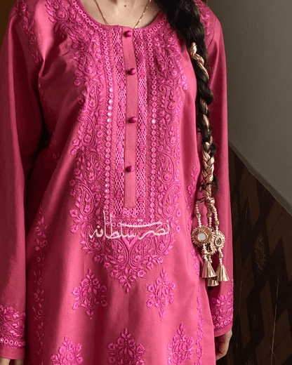 Rose Pink Hand Embroidery and Tarkashi Kurta - Summer Lawn