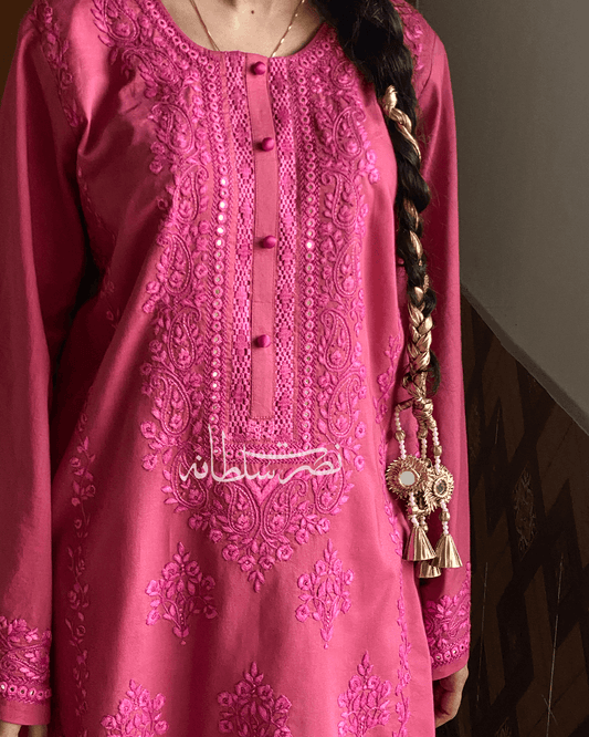 Rose Pink Hand Embroidery and Tarkashi Kurta - Summer Lawn