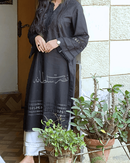 Classic Black Handcrafted Tarkashi Work - Irish Khaddar - Pret