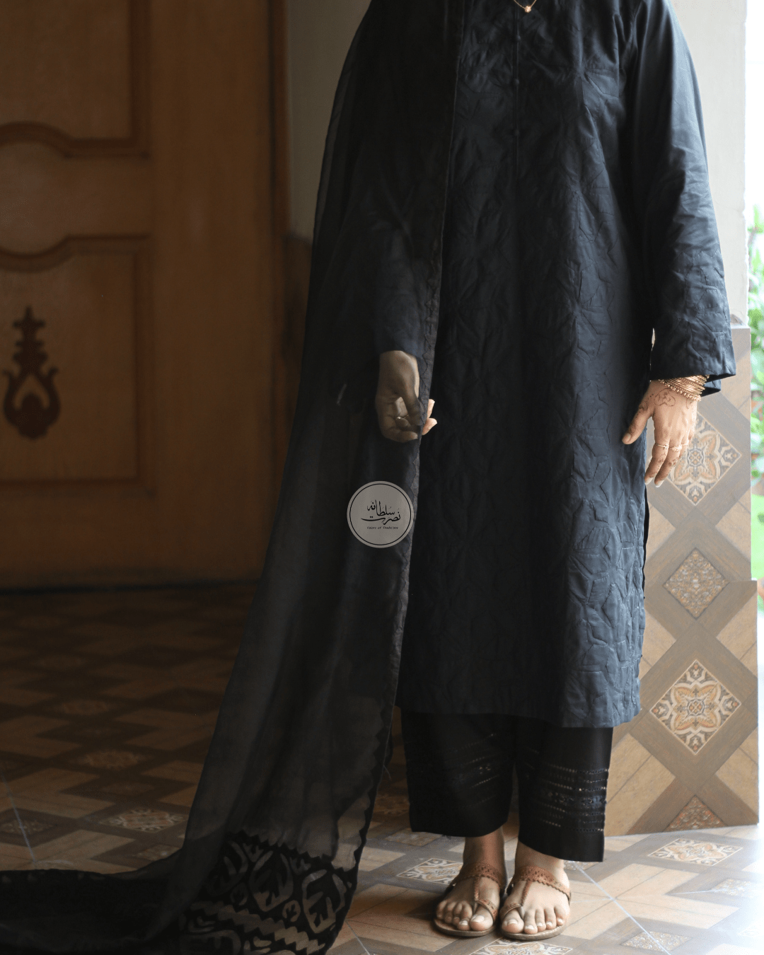 Classic Black - Handcrafted Ralli Shirt & Organza Dupatta