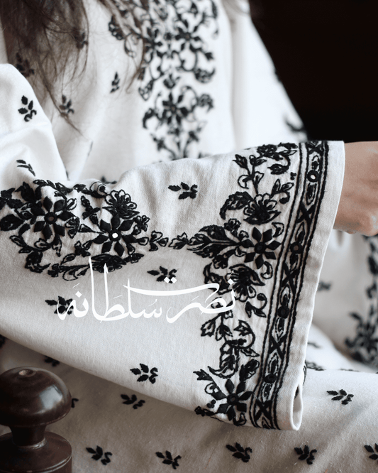 Hand Embroidered White and Black Soft Khaddar Shirt - Pret