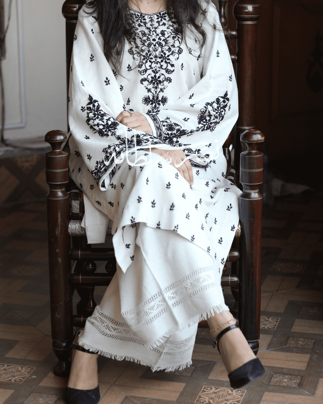 Hand Embroidered White and Black Soft Khaddar Shirt - Pret