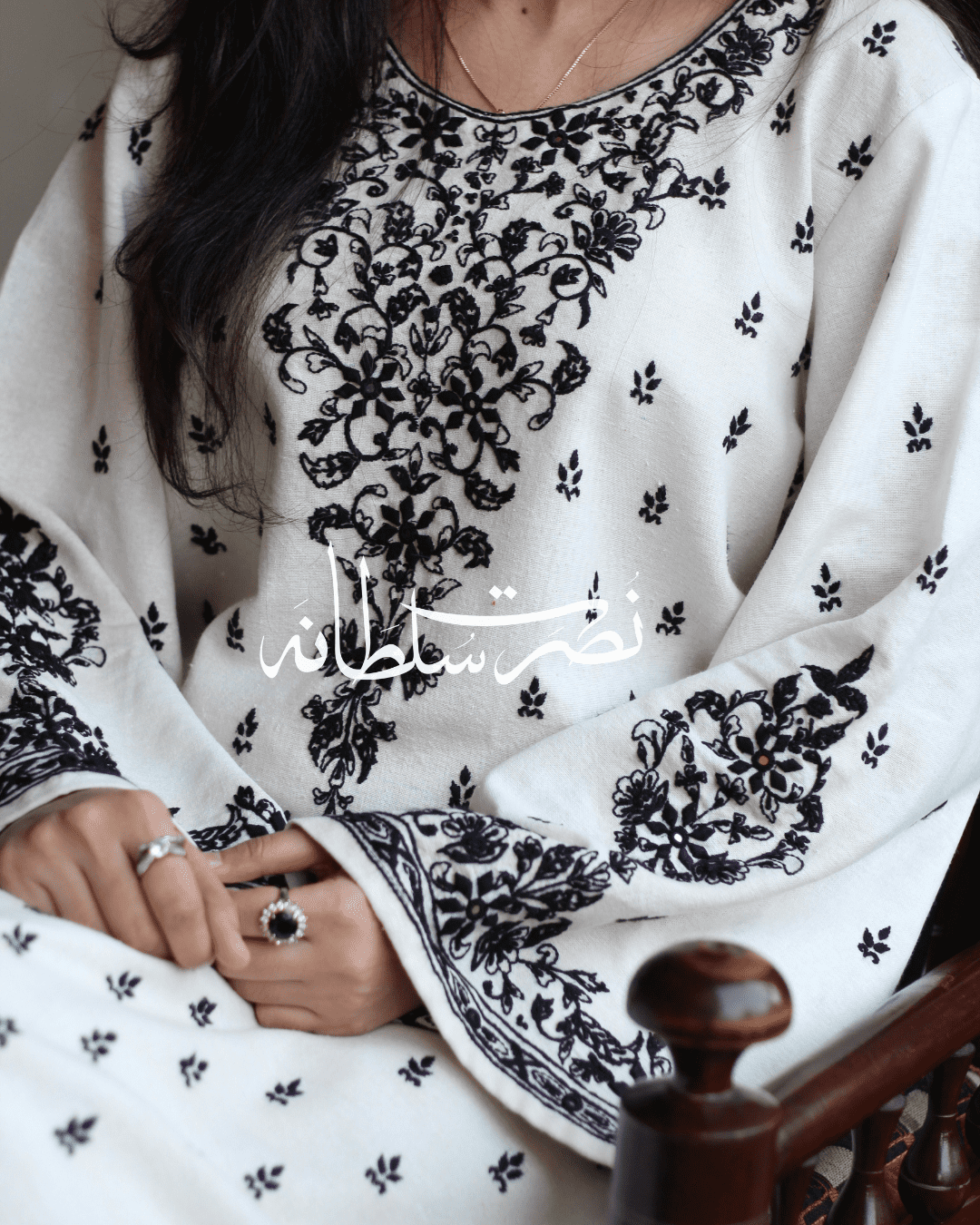 Hand Embroidered White and Black Soft Khaddar Shirt - Pret