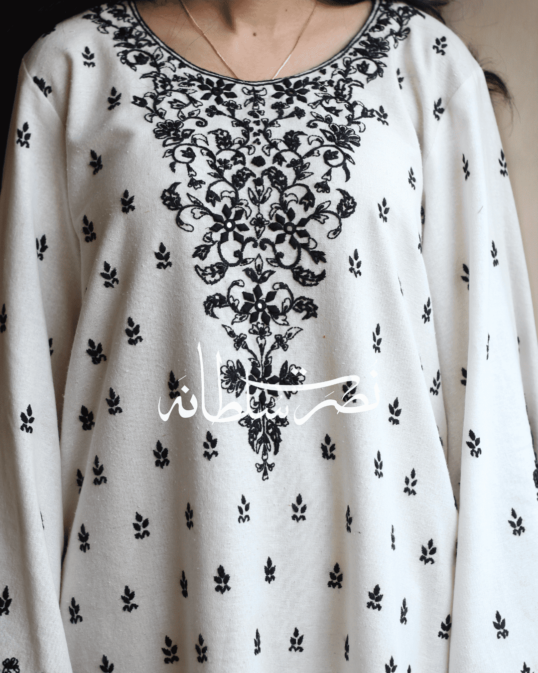 Hand Embroidered White and Black Soft Khaddar Shirt - Pret