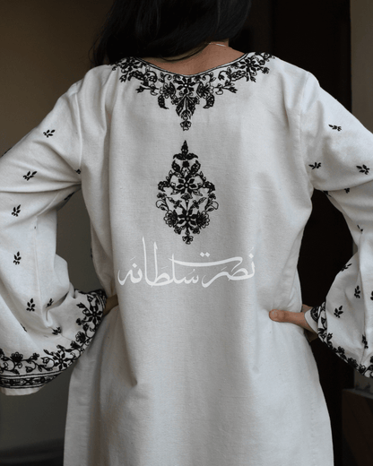 Hand Embroidered White and Black Soft Khaddar Shirt - Pret