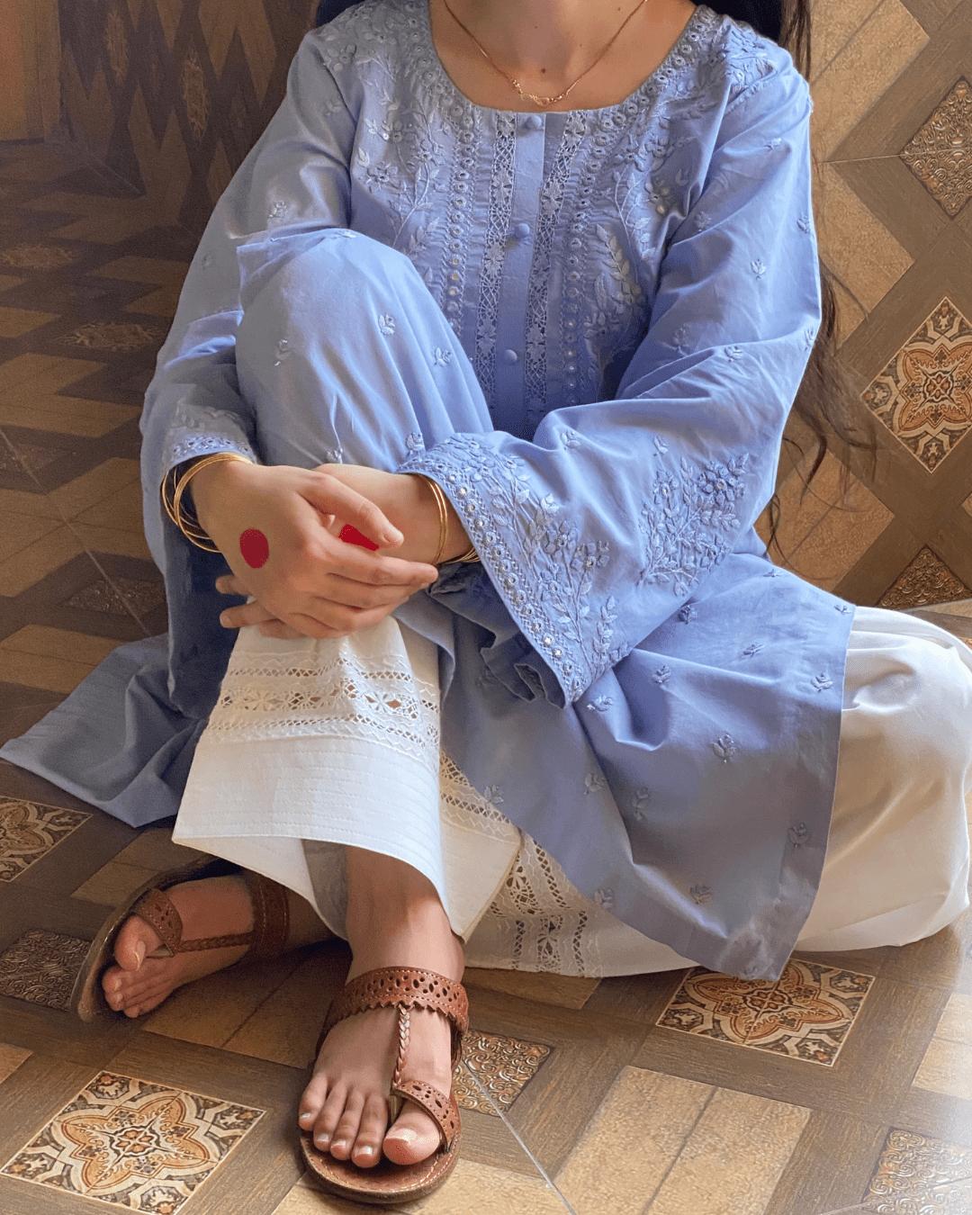 Traditional Handcafted Tarkashi - Tukri - Mirror Work Kurta - Bluish Grey