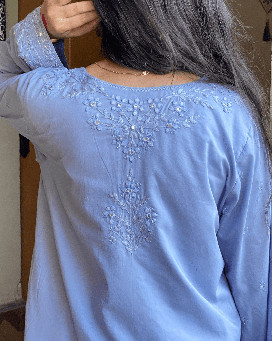 Traditional Handcafted Tarkashi - Tukri - Mirror Work Kurta - Bluish Grey