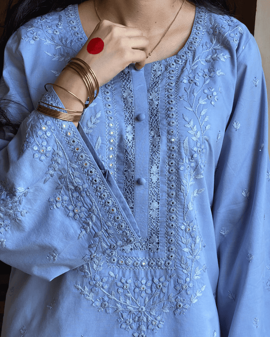 Traditional Handcafted Tarkashi - Tukri - Mirror Work Kurta - Bluish Grey