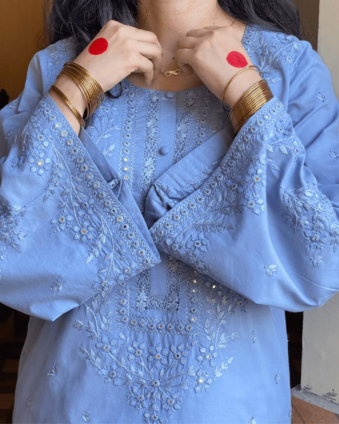 Traditional Handcafted Tarkashi - Tukri - Mirror Work Kurta - Bluish Grey