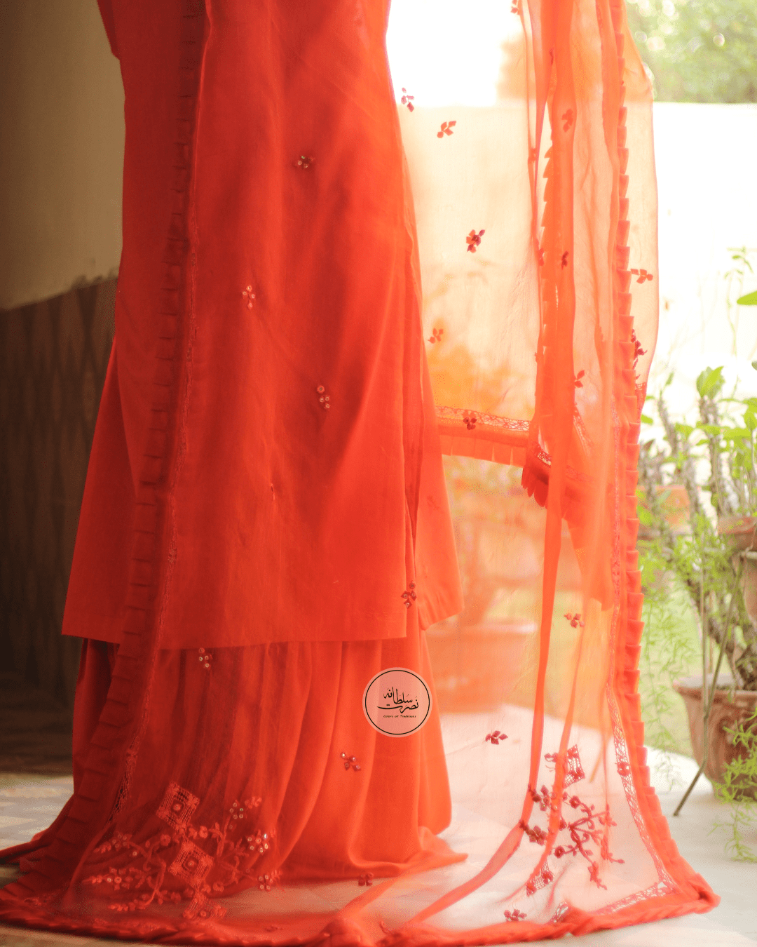 Handcrafted Pure Organza Tarkashi, Tukri & Mirror Work Dupatta - Rust Orange