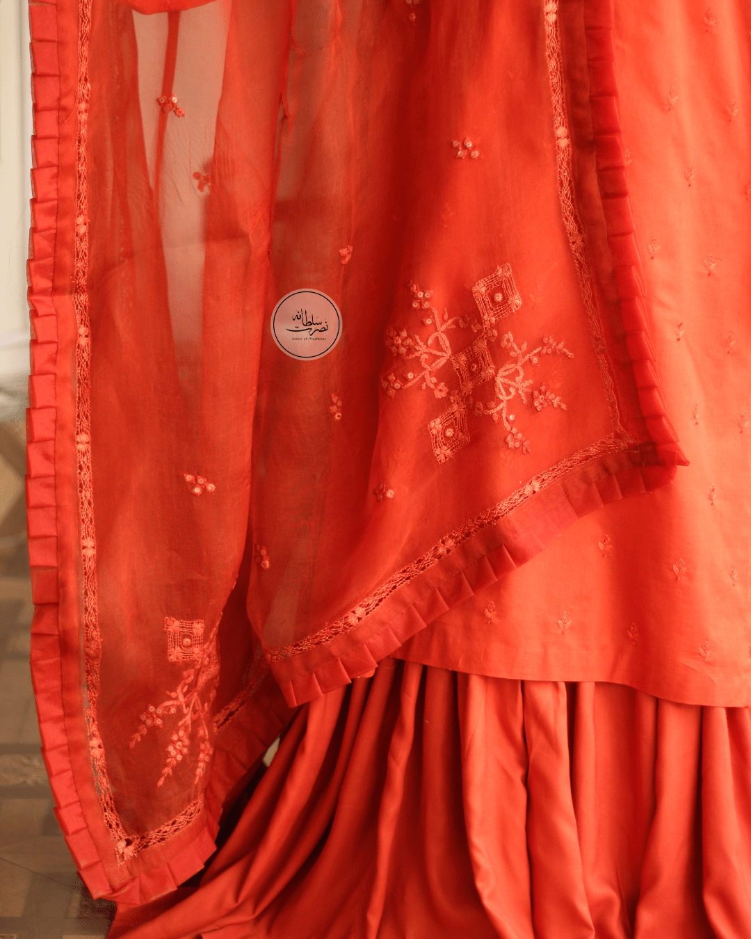 Handcrafted Pure Organza Tarkashi, Tukri & Mirror Work Dupatta - Rust Orange